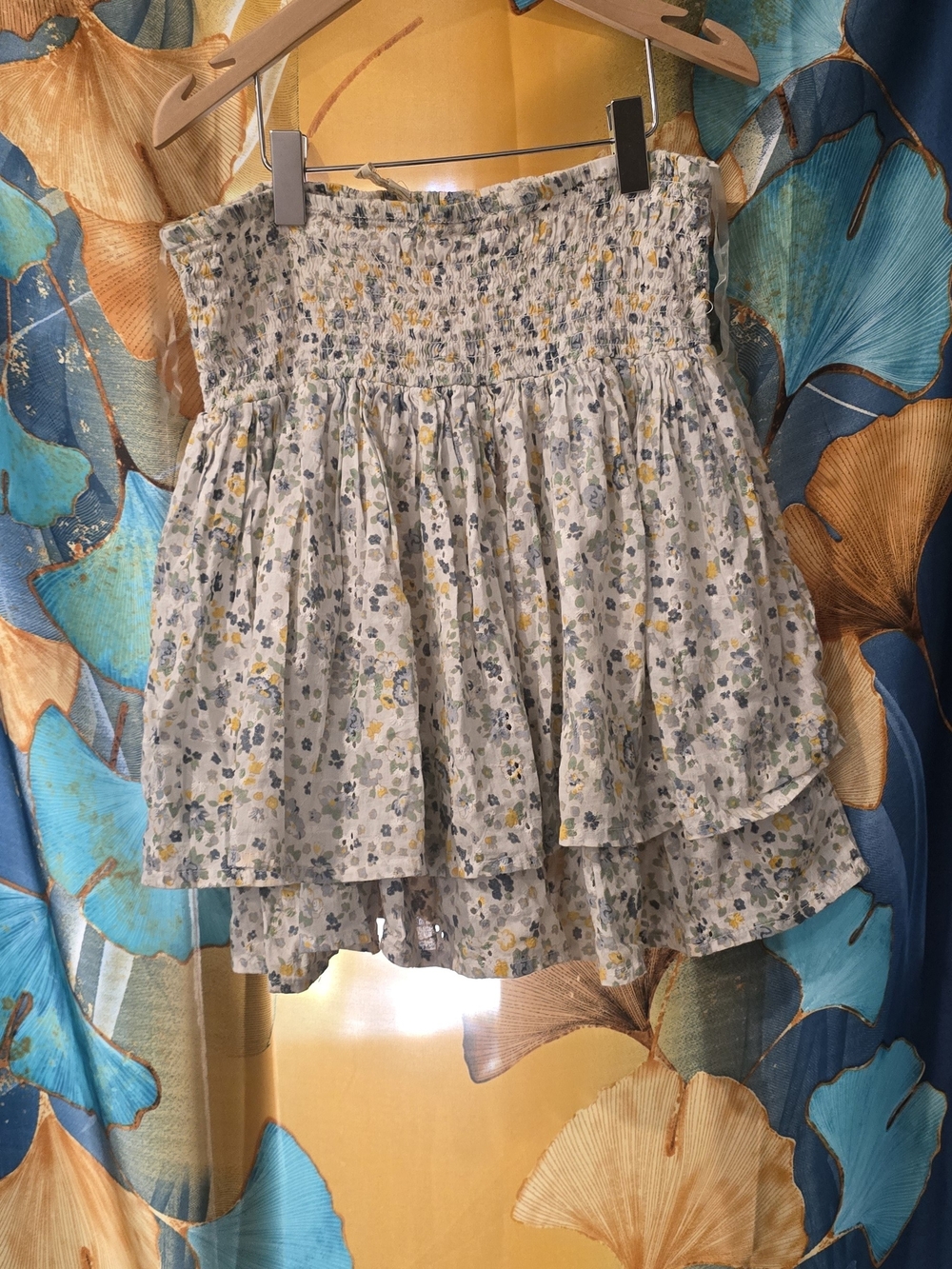 Rebellion White Floral Smocked Tiered Skirt with Yellow & Green Accents